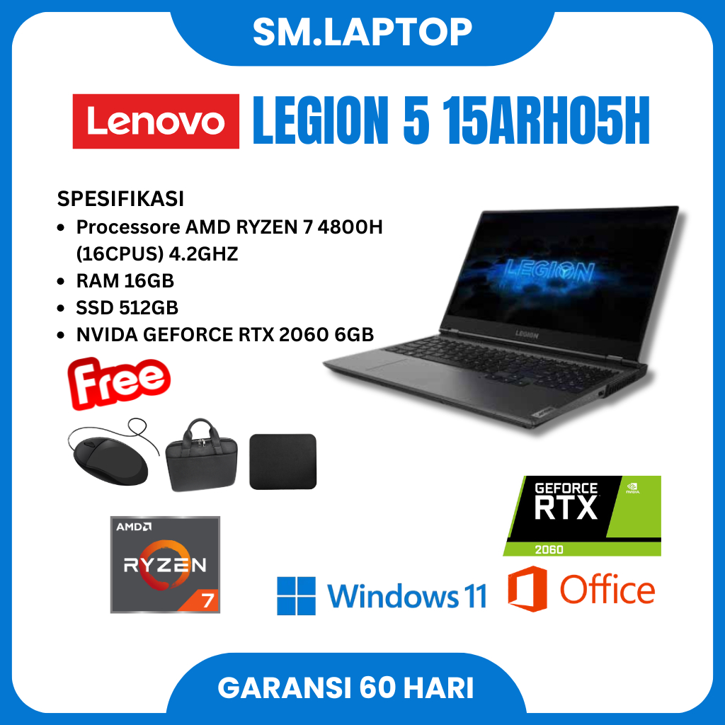 LENOVO LEGION 5 15ARHO5H AMD RYZEN 7 4800H RAM 16GB SSD 512GB RTX 2060 15.6 Inch Full HD IPS 120Hz