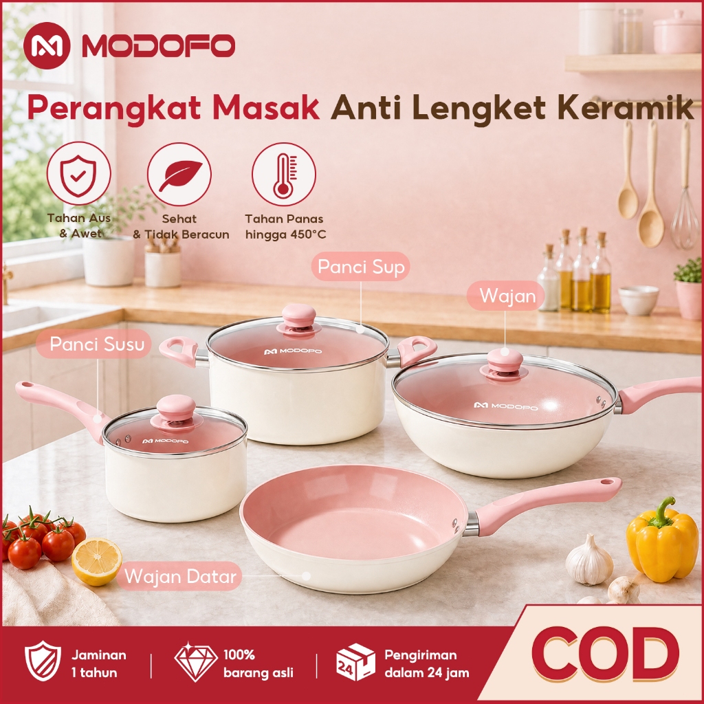 MODOFO Wajan Penggorengan Anti Lengket 4pcs Panci Set Lengkap Anti Lengket Dandang Kukus Enamel Tepl