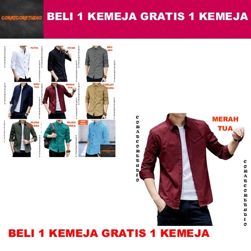 BELI 1 GRATIS 1 Shirt Jumbo Big SIze Kemeja Pria Hem Cowok 1 Kantong Saku Lengan Panjang Polos Casua