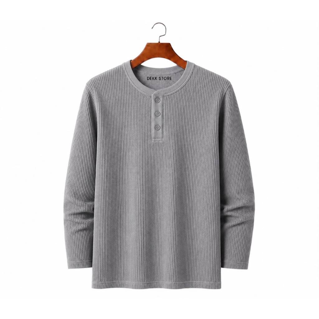 KAOS KANCING HENLEY WAFFLE KNIT LENGAN PANJANG/KAOS KANCING KNIT PRIA POLOS