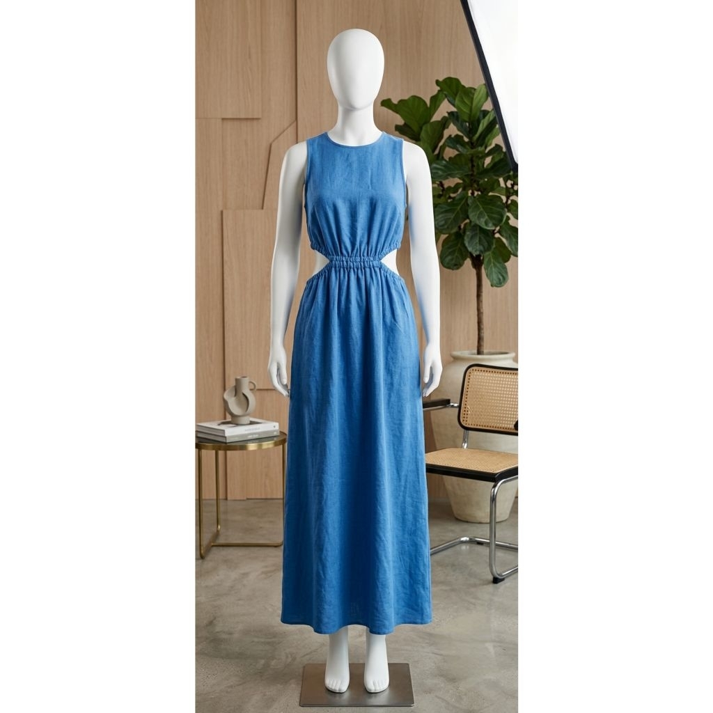 [PL] - Maxi dress biru wanita model unik long dress casual jalan santai