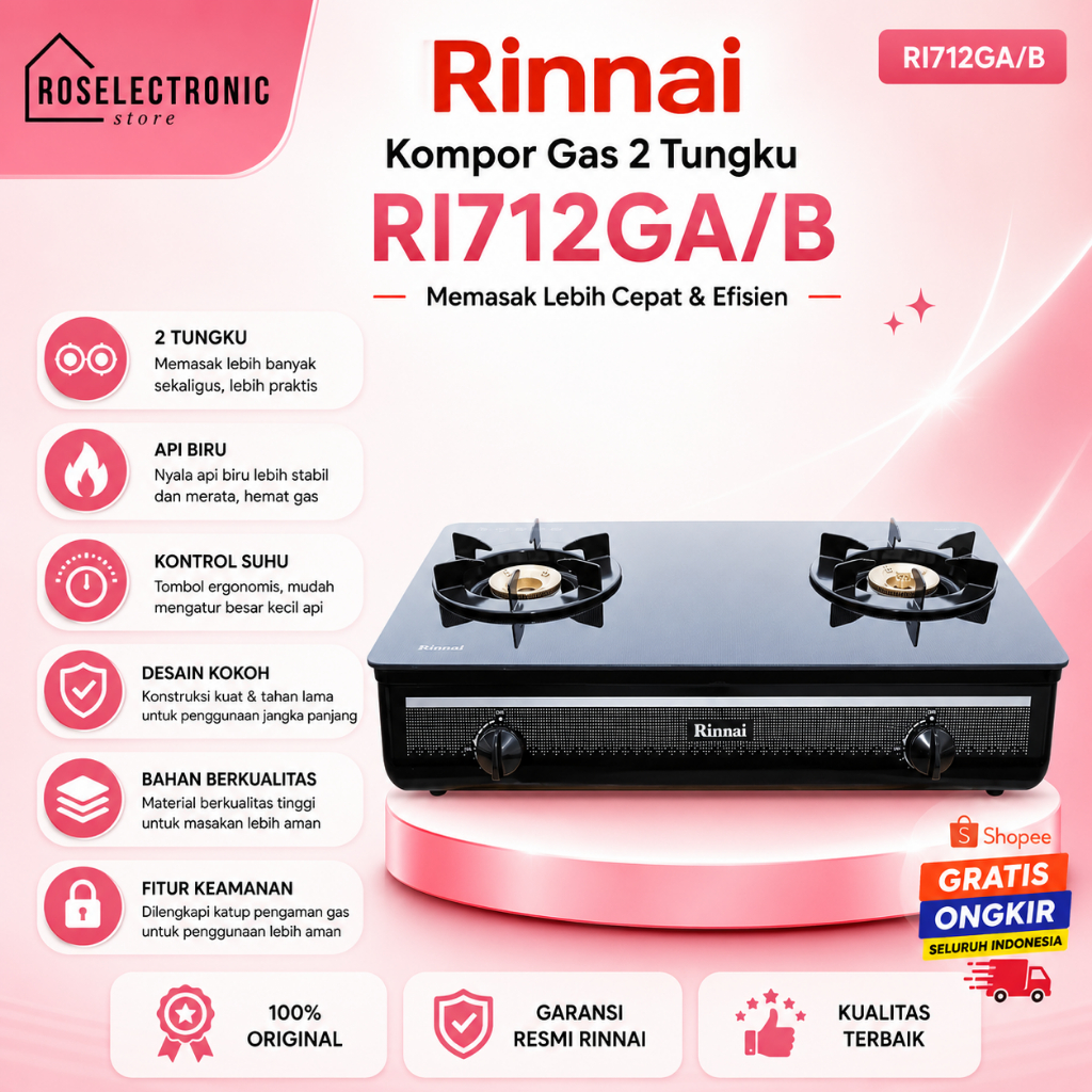 Kompor Gas Rinnai 2 Tungku RI 712GA B/RI712GA B/RI 712 GA B/RI712GAB/RI-712-GA-B/RI -712GAB