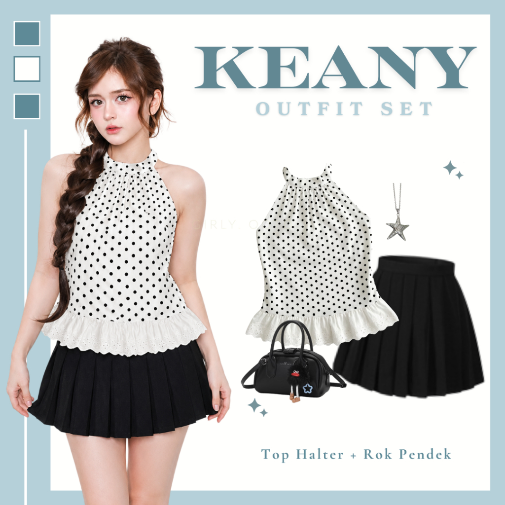 Girly - Setelan OOTD Remaja Top Halter Kekinian (Ginna Top + Rok Pendek) Daily Outfit Simpel Lucu  S