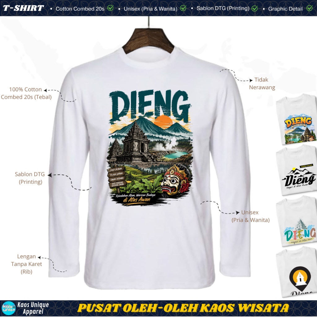 Kaos Lengan Panjang Souvenir DIENG Jawa Tengah - Putih Premium Combed 20s Tebal - Baju Liburan Kelua