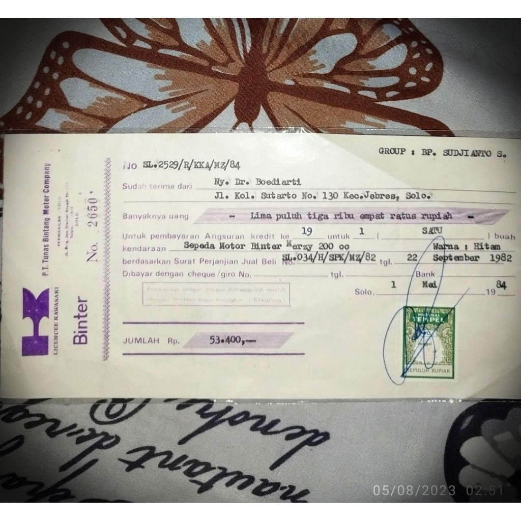 Kwitansi lawas kredit cicilan motor Binter Kawasaki