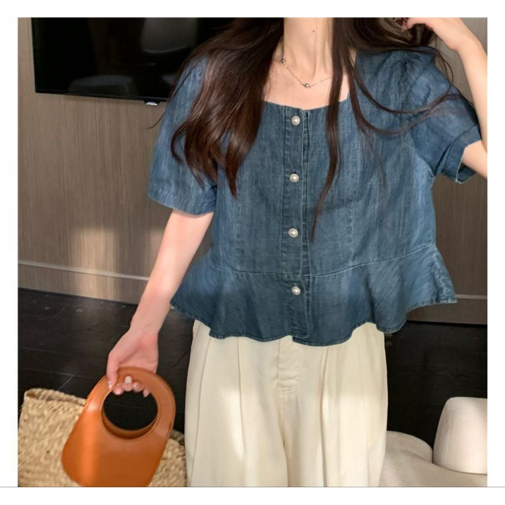 Square Neck Denim Blouse