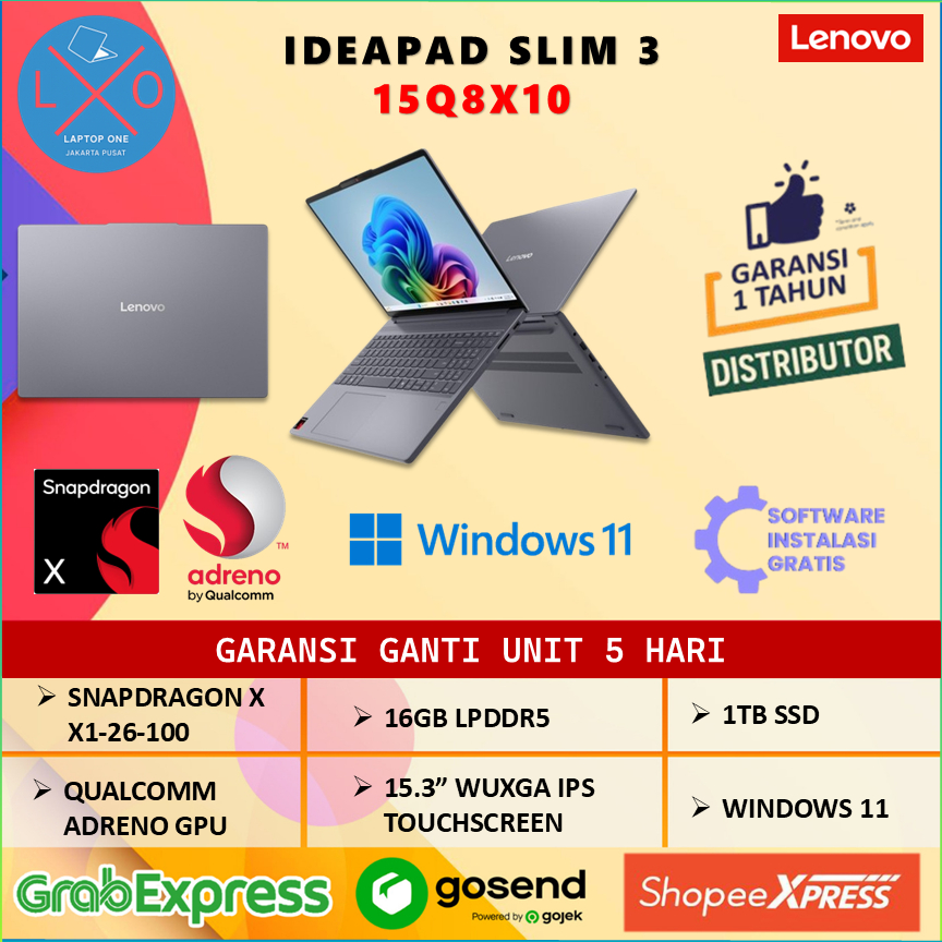 Lenovo Ideapad Slim 3 Touch Snapdragon X 16GB 1TB 15.3" WUXGA IPS Windows 11 Home - Laptop Pelajar M