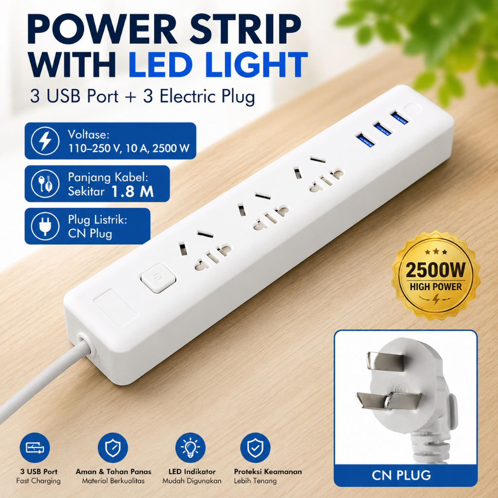 JRDQ JR033 Powerstrip 3 USB Type A 3 Stop Kontak Electric CN Plug China LED Light 3 Jari Electric LE