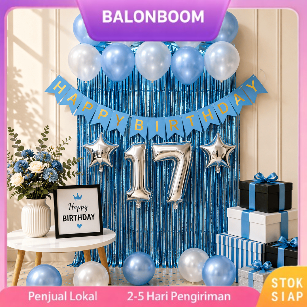 Paket Dekorasi Ulang Tahun Sweet Seventeen 17th Birthday Balon Foil Backdrop Happy Birthday.