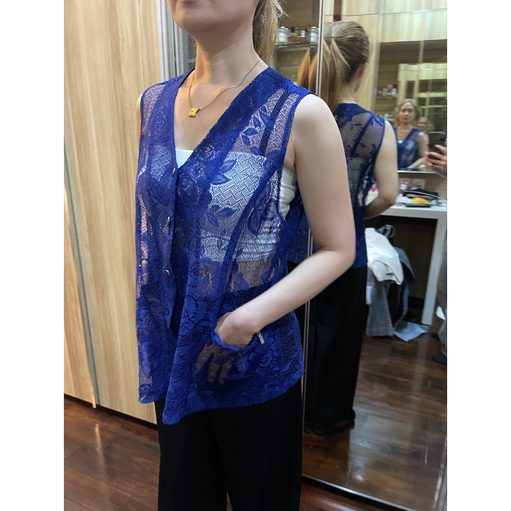 Outer Vest Brokat Biru Royal Wanita | Lace Sleeveless Vest Vintage Elegan