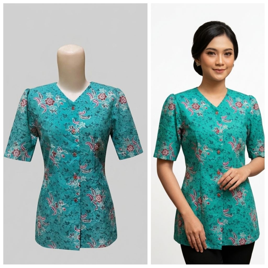 Atasan Blouse Batik Wanita Modern Motif Bunga Lengan Pendek V-Neck Hijau Tosca