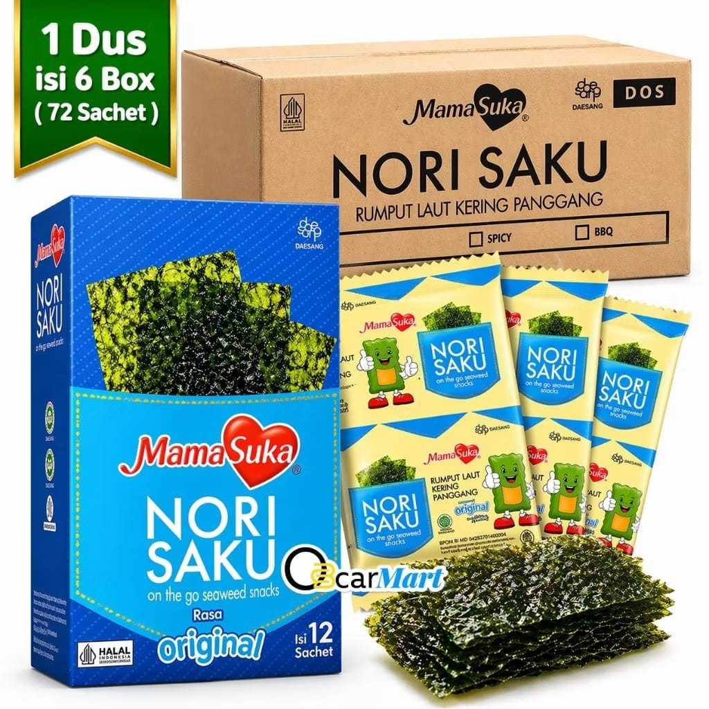 MamaSuka Nori Saku Original (1 Dus) -  Snack Rumput Laut Panggang Crispy Halal Camilan Sehat Seaweed