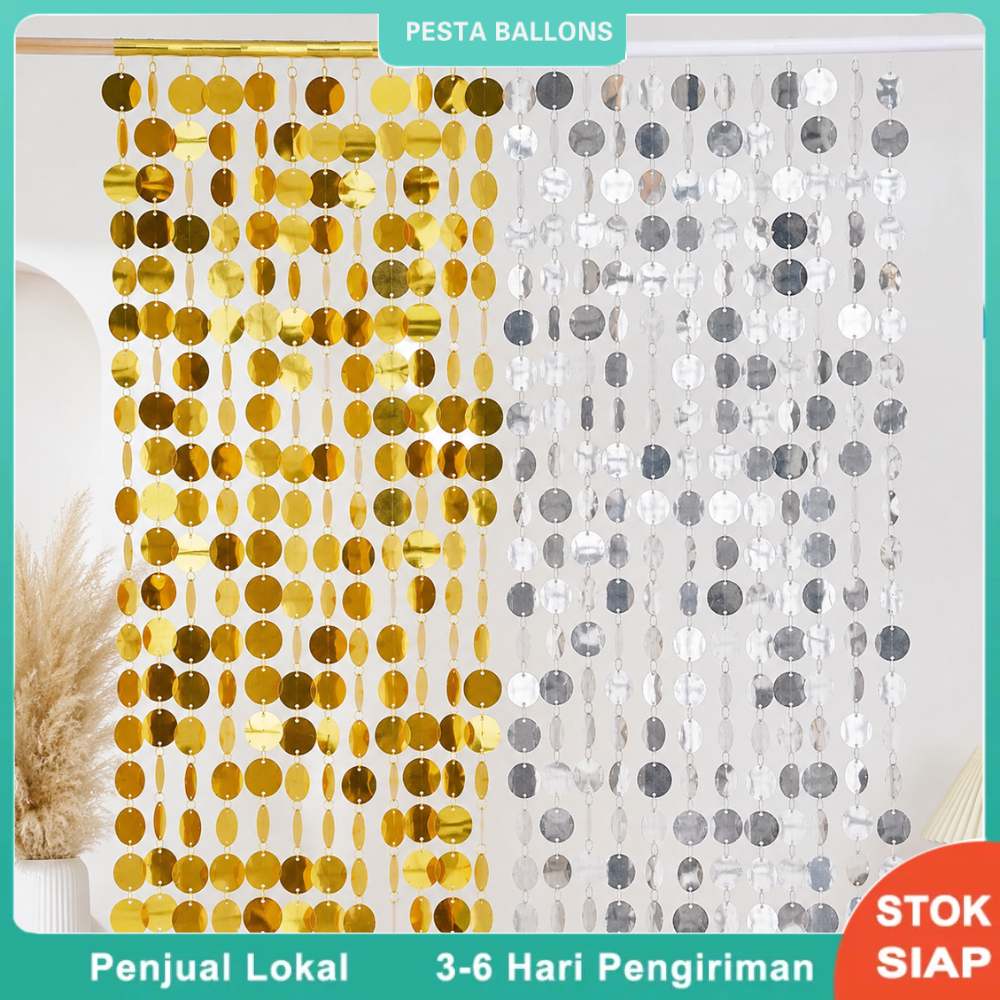 Tirai Payet Bulat Warna Gold Silver / Backdrop Dekorasi Cocok Untuk Acara Ulang Tahun, Wedding, Anni