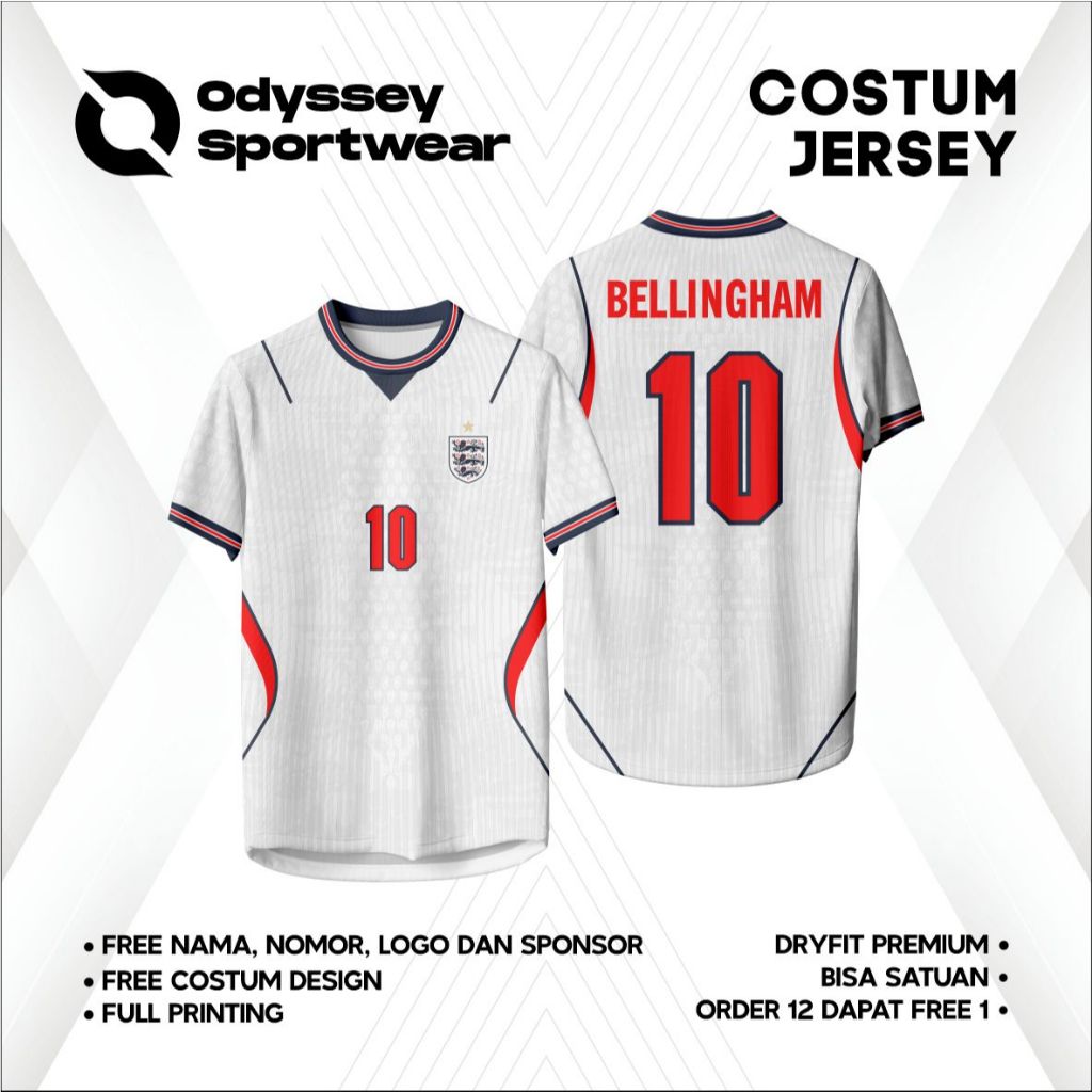Jersey Bellingham Inggris Home Pildun 2026 Full Patch Free Nama dan Nomor Full Printing