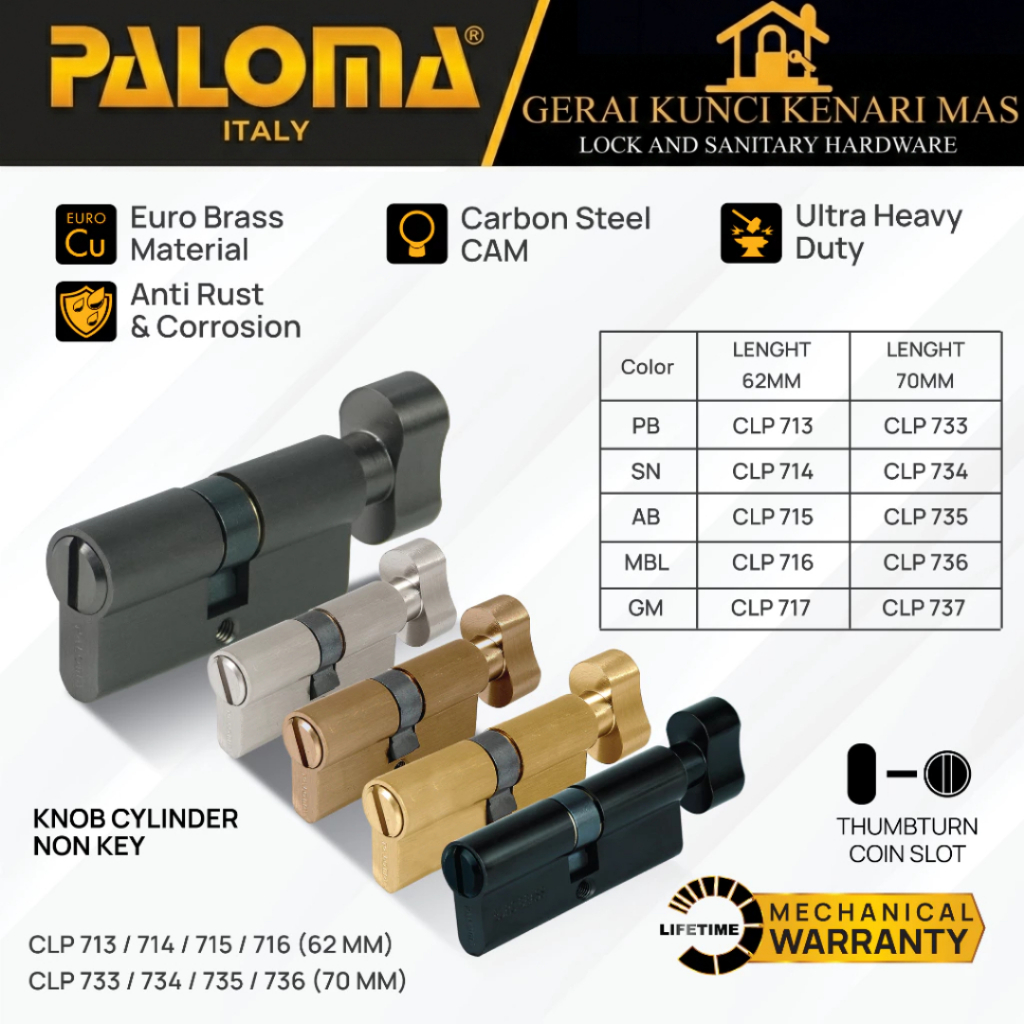 PALOMA CLP 713 714 715 716 717 733 734 735 736 737 Cylinder Pintu Silinder Knob Non Key Tanpa Kunci 