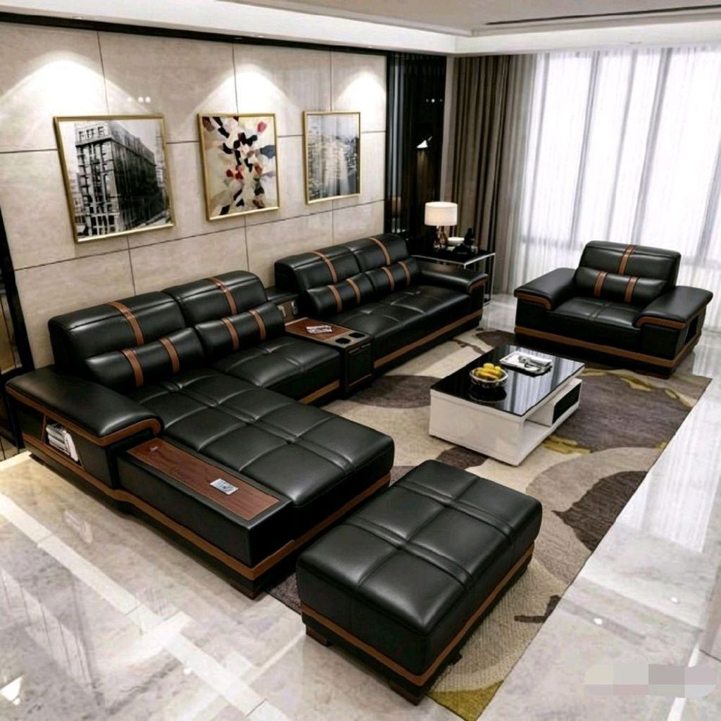 Sofa sudut harmoni set lengkap dengan laci penyimpanan dan wooden table