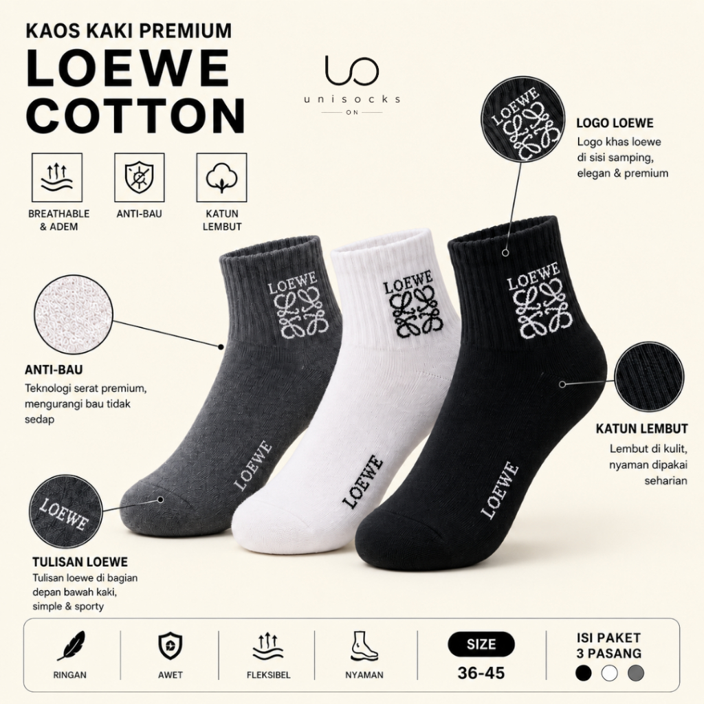 (3 PASANG) UK 35-45 Kaos Kaki LOEWE Premium Unisex Old School Tebal Lembut Nyaman Dipakai Harian