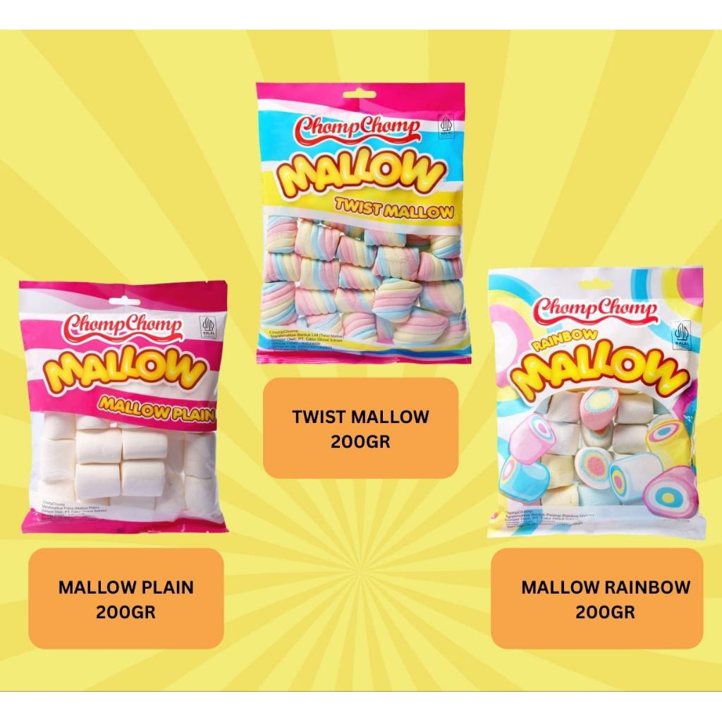 Chomp Chomp Marshmallow 200GR, Mallow Plain, Twist Mallow, Mallow Rainbow, Camilan Coklat