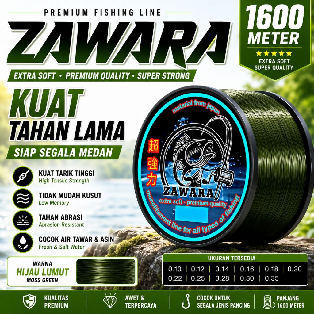 Senar Pancing Nylon 1600 Meter Ukuran 0.20mm Hijau Lumut Kuat Lentur Anti Karat Senar Ikan Laut Kola