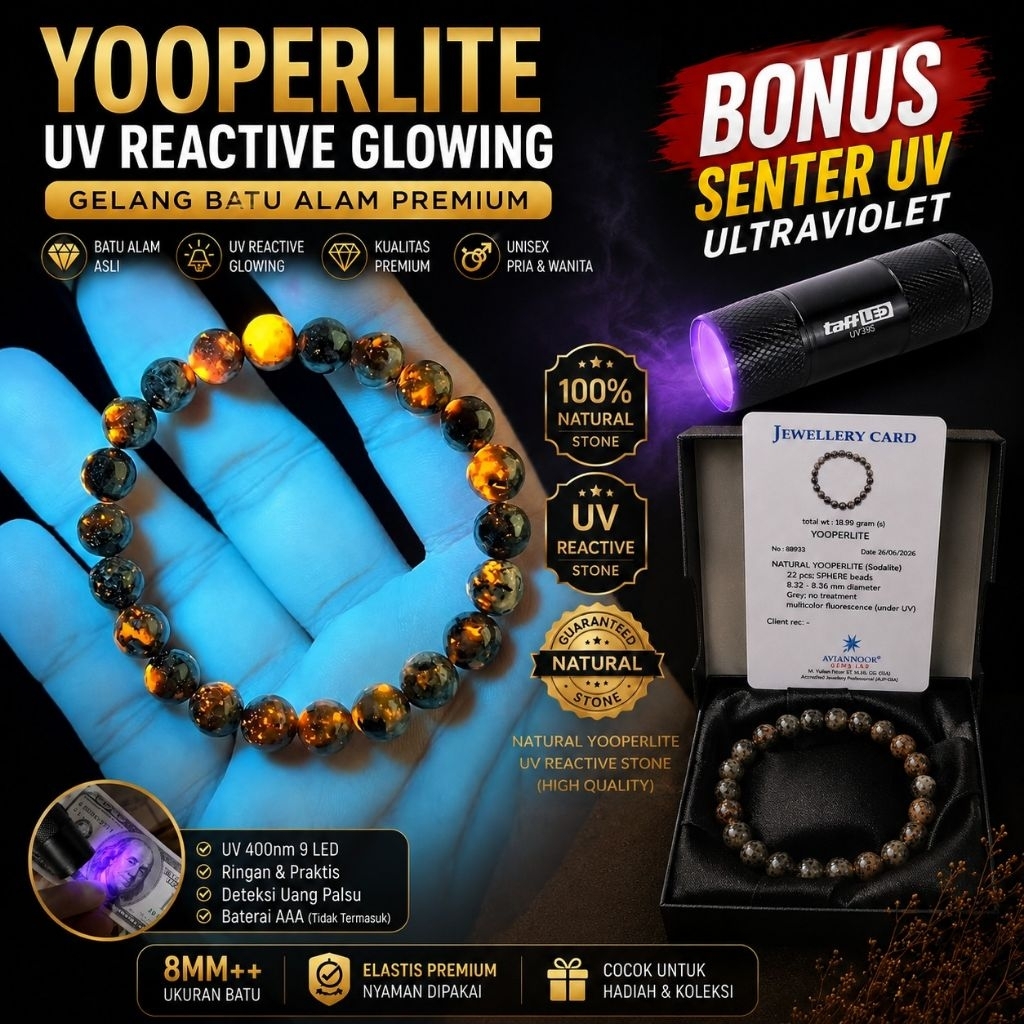 Gelang Yooperlite Asli 8mm UV Reactive GLOWING Bracelet Natural Stone Premium Original | Sedia Blue 
