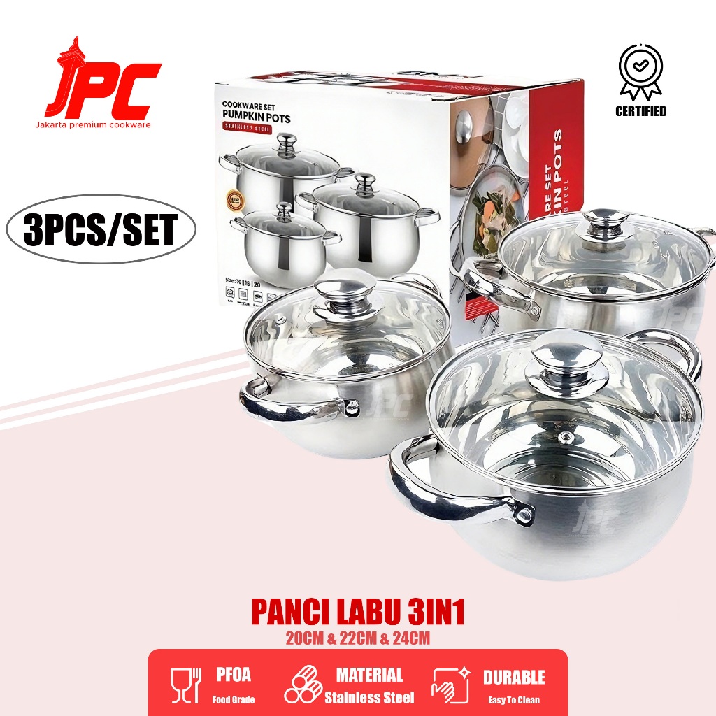 JPC 3IN1 Panci Sup Labu Stainless Steel Dilengkapi Dengan 3 Tutup Kaca Set Panci Rebusan Labu-3PCS P