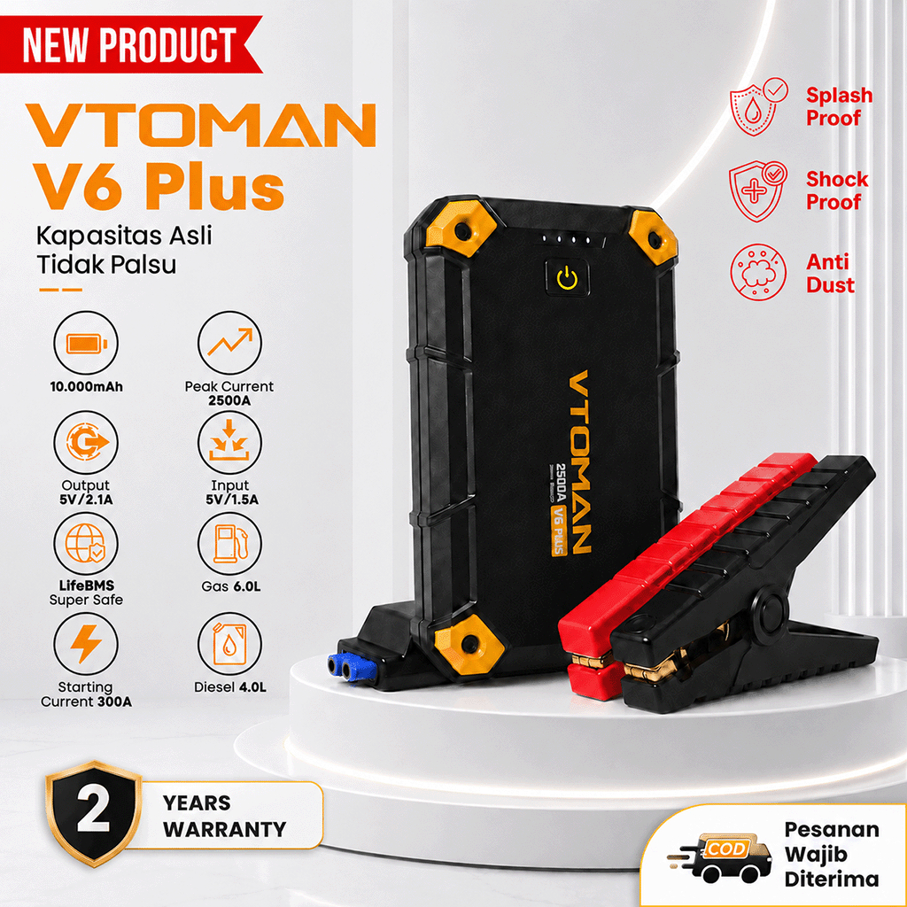 VTOMAN V6 PLUS 10000 mAh Jump Starter Aki Mobil Motor Power Bank Jumper Aki 12 Volt Alat Jamper Aki 