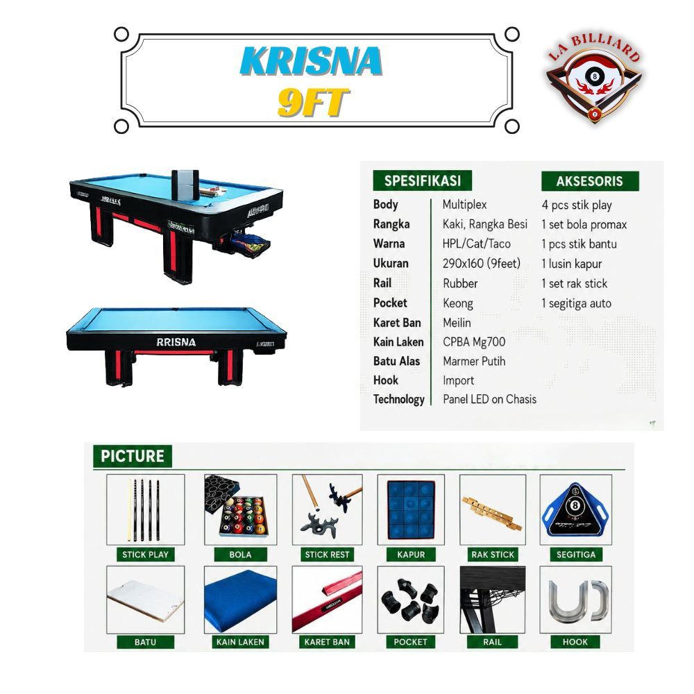 MEJA BILLIARD 9FT LOKAL FULL RANGKA BESI KRISNA