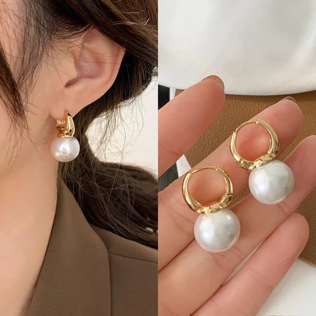 CLASHOP-nting Mutiara Besar Retro Korea anting titanium/ANTING HOOP RINGS PEARL KOREA STEEL