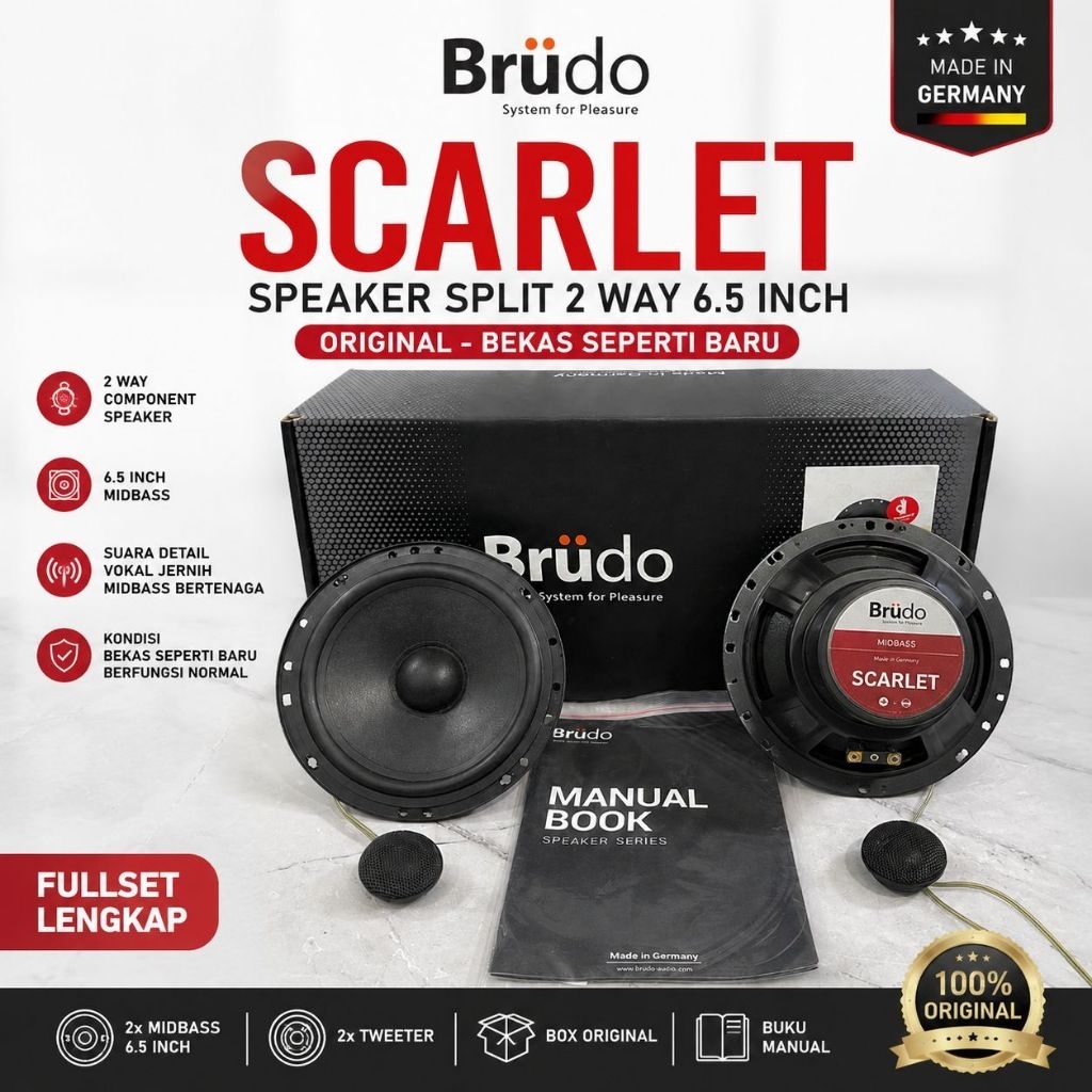 Brüdo Scarlet Speaker Split 2 Way 6.5 Inch Original Made in Germany Fullset Bekas seperti baru