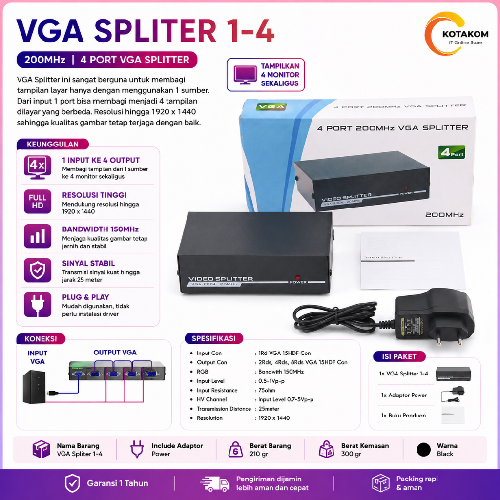 TERMURAH VGA SPLITTER 1 - 4 200MHz 4 OUTPUT VISUAL