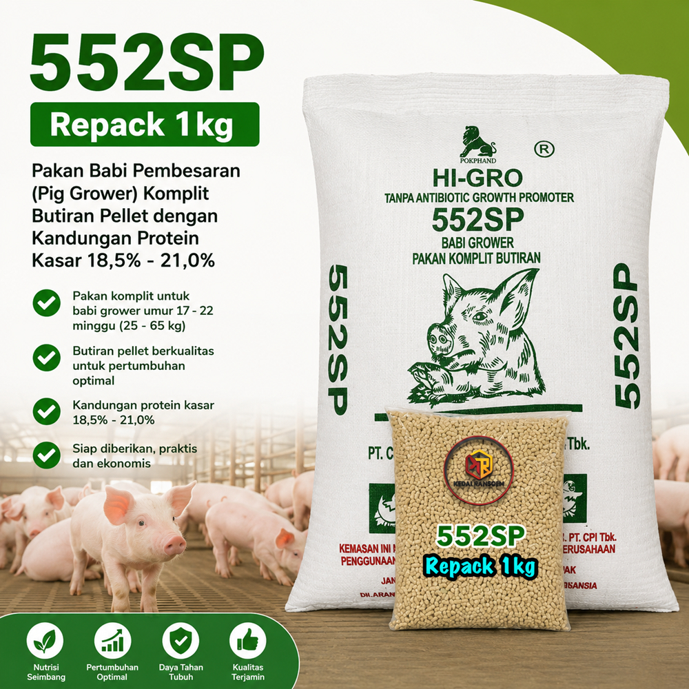 Pakan Babi Grower 552SP Repack 1kg | Pakan Komplit Pellet Protein 18-21% | Penggemukan Babi Cepat