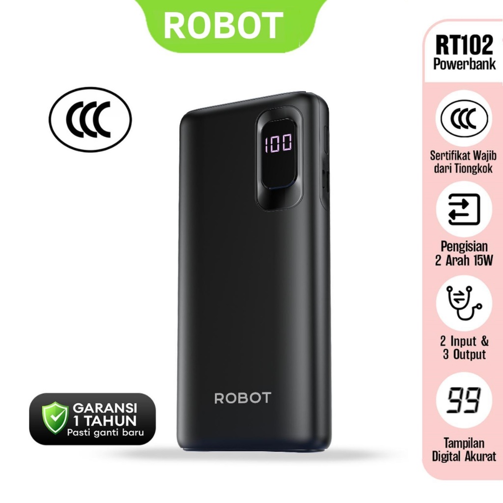 ROBOT RT102 Powerbank Fast Charging 10000 mAh Dual Output 15W Layar LED / Power Bank Robot RT 102