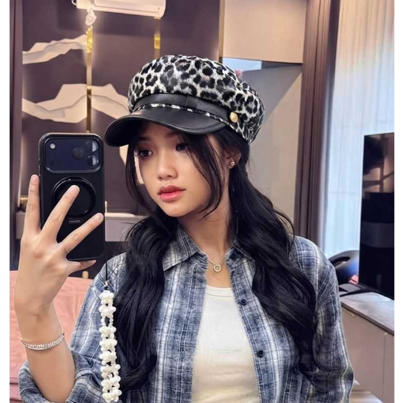 COD topi Wanita sailor Leopard cap fiddler hat full black anchor rope button