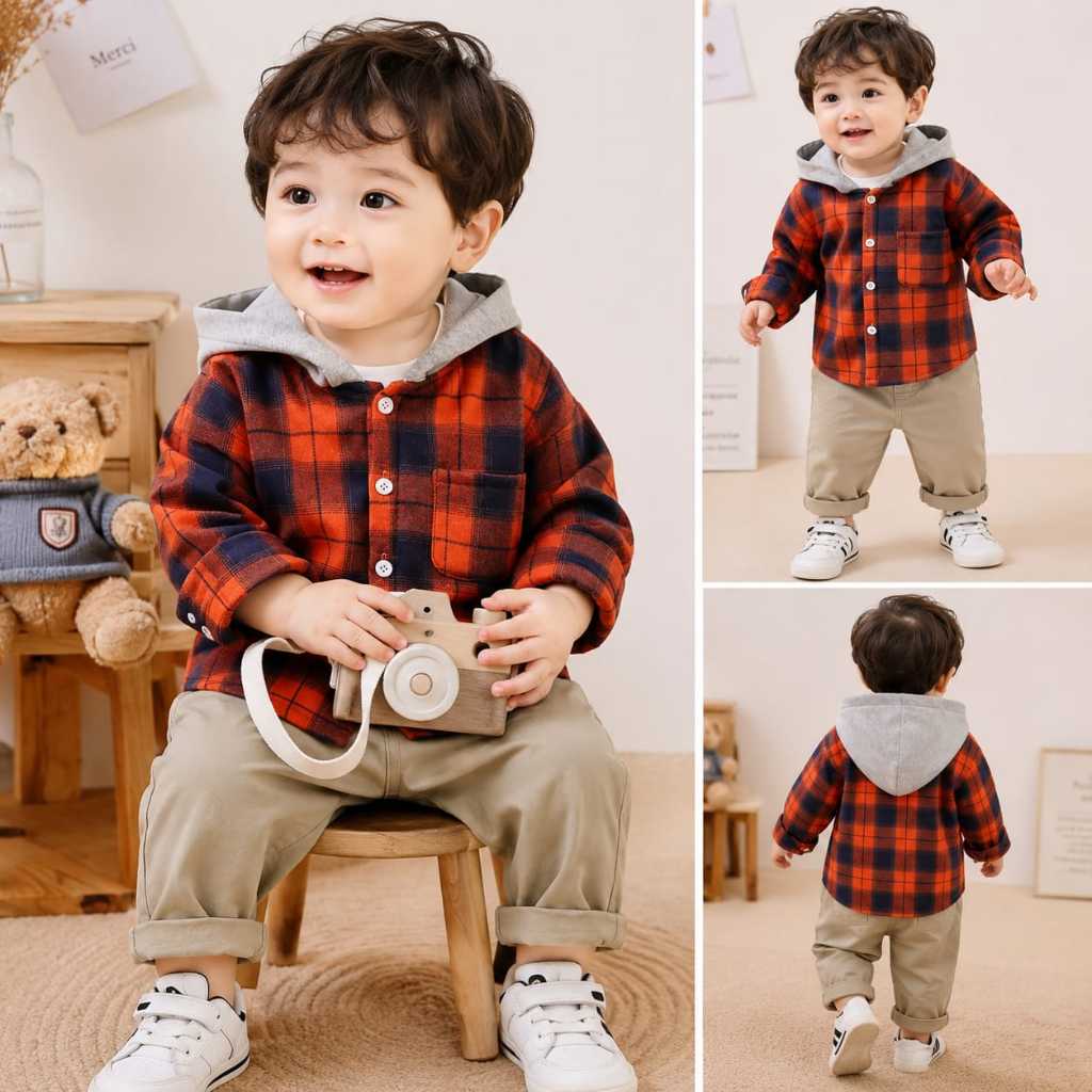 Jaket Kemeja Flanel Anak Hoodie Kotak-Kotak | Hangat, Stylish & Nyaman | Outfit Bayi | Jaket bayi mu