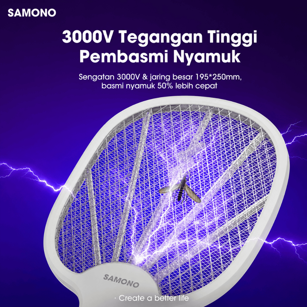TERLARIS SAMONO Raket Nyamuk Elektrik 3in1 Lipat 3000V dengan 2 Lampu LED UV 368nm Raket Nyamuk
