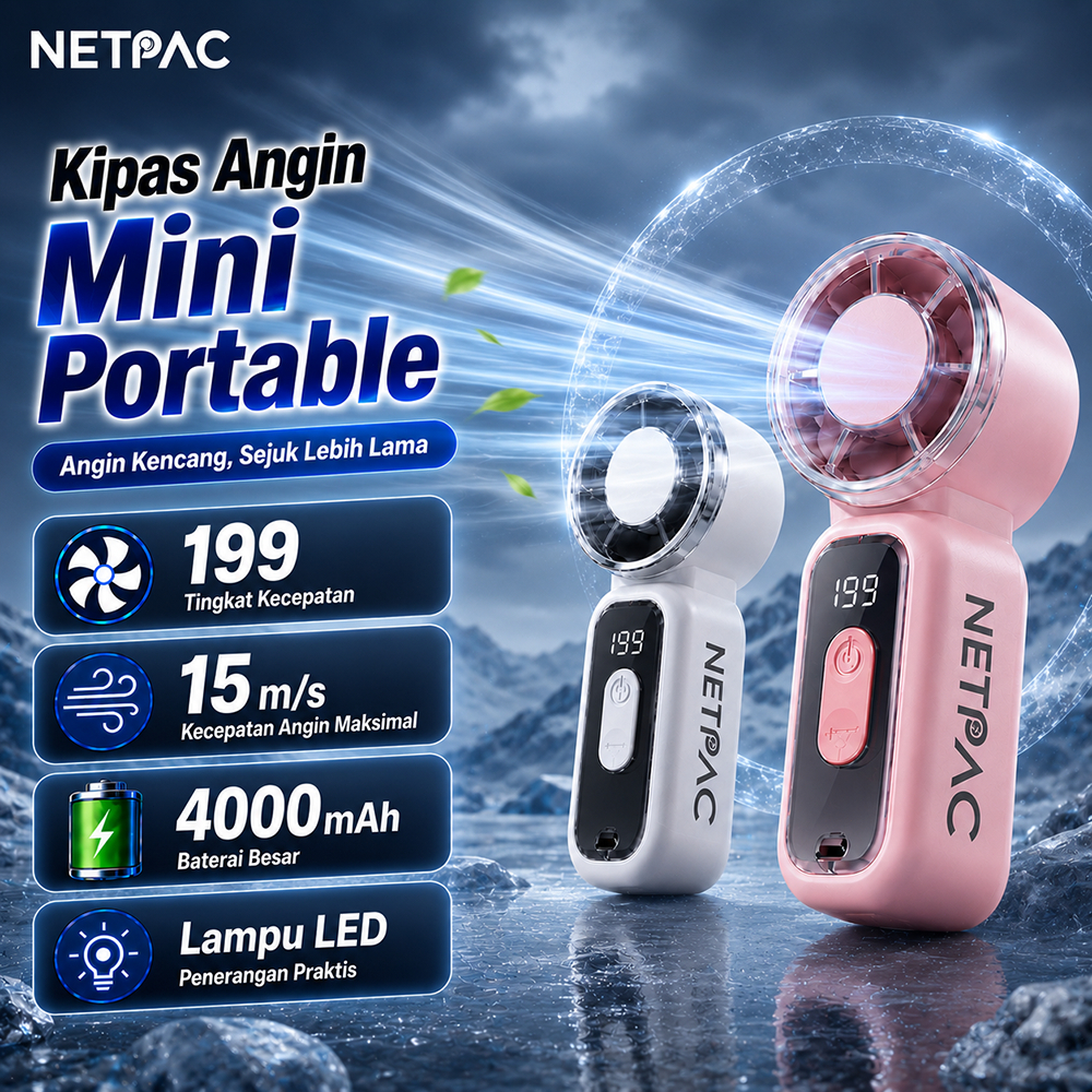 NETPAC 100%Original Kipas Angin Mini Portable Turbo 199 Speed 4000mAh USB Rechargeable LED Display H