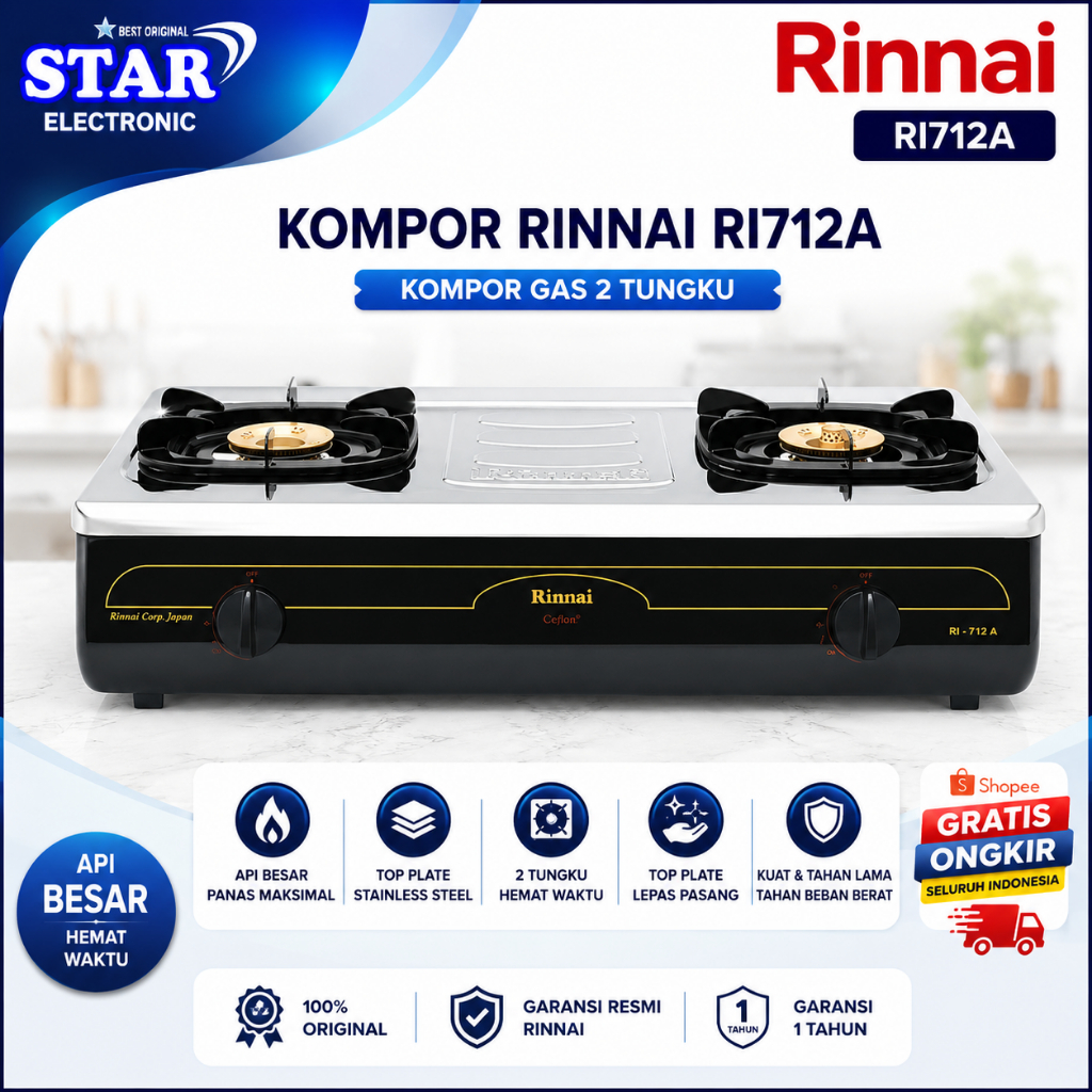 KOMPOR GAS RINNAI  RI 712A KOMPOR GAS 2 TUNGKU/RI712A/RI712 A/RI 712A/RI 712A/ORIGINAL/GARANSI RESMI