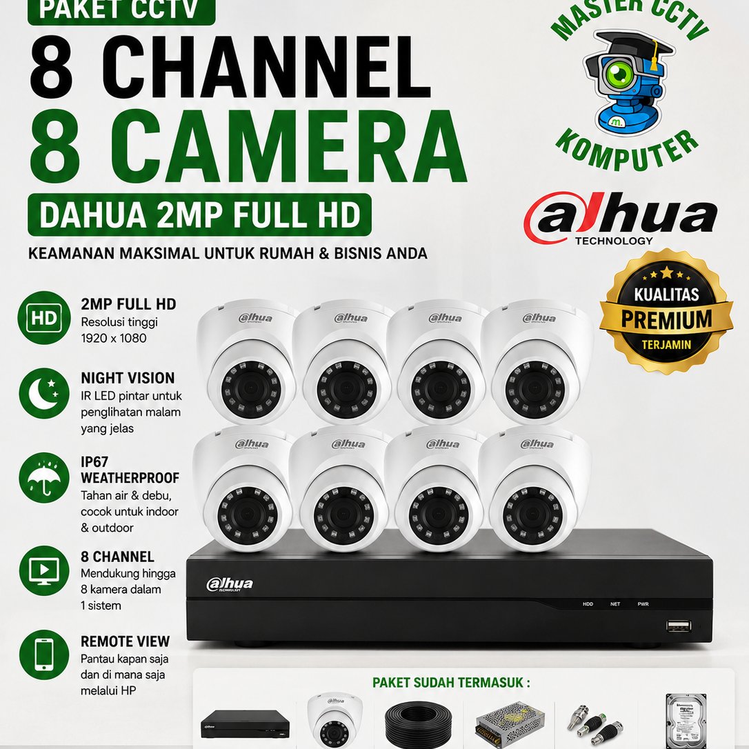 PAKET CCTV 8 CHANNEL 8 CAMERA DAHUA 2MP