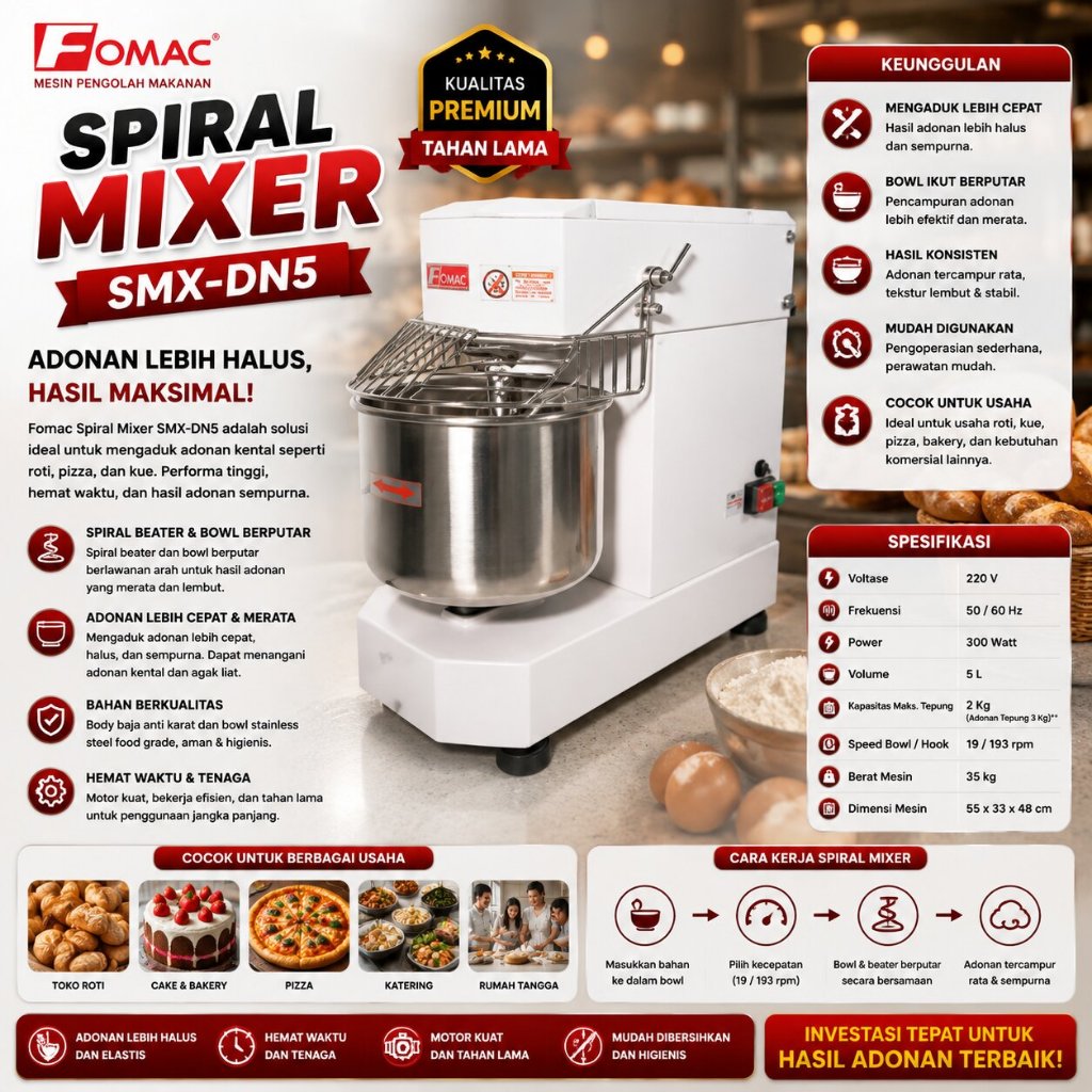 FOMAC MIXER KUE 5 LITER / SPIRAL MIXER (FOMAC) SMX-DN5