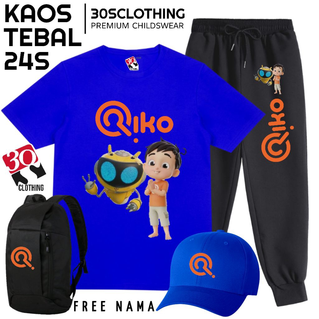 Setelan Anak Kaos Celana Jogger Riko The Series Katun 24S Bonus Tas Topi Free Nama