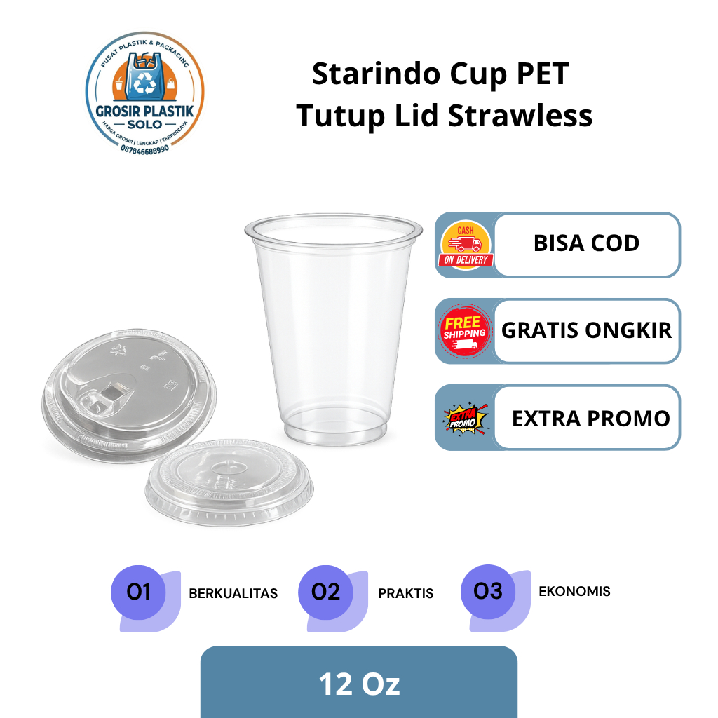 Starindo Cup PET 12oz + Tutup Lid Strawless