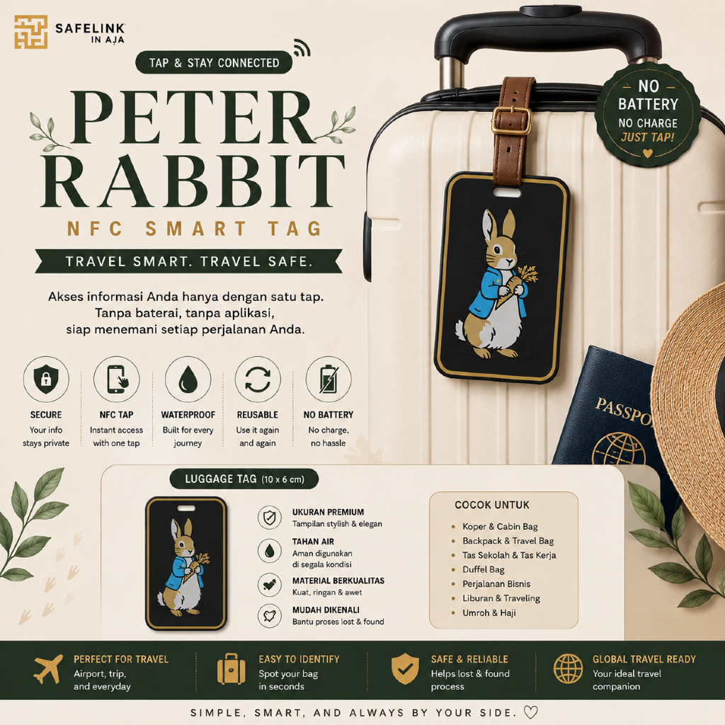 SafeLink NFC Luggage Tag Koper Premium Desain Peter Rabbit Smart Tag Waterproof Anti Hilang Android 