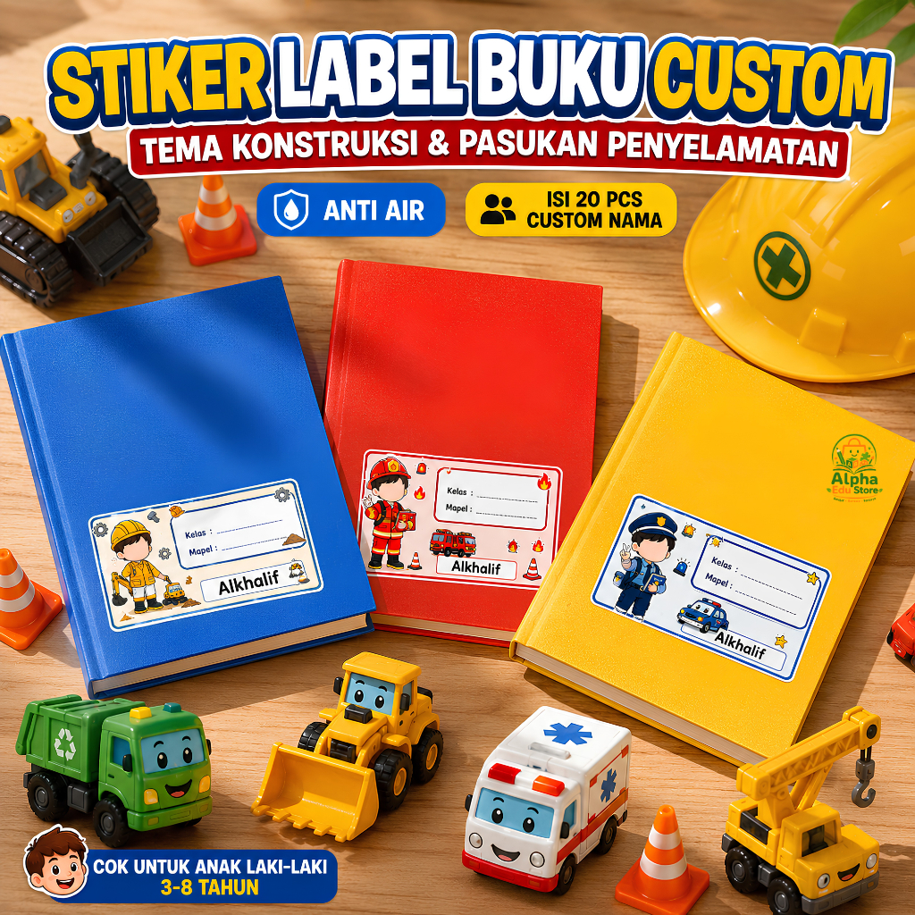 Stiker Label Buku Tema Kontruksi Rescue Squad Custom Nama Anak - Alpha Edu Store