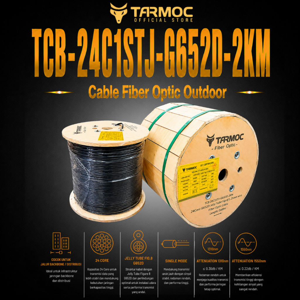 Tarmoc TCB-24C1STJ-G652D-2KM | Fiber Optic Cable G652D Fig-8 Jelly Tube 24 Core 2000m  Kabel FO 24C 