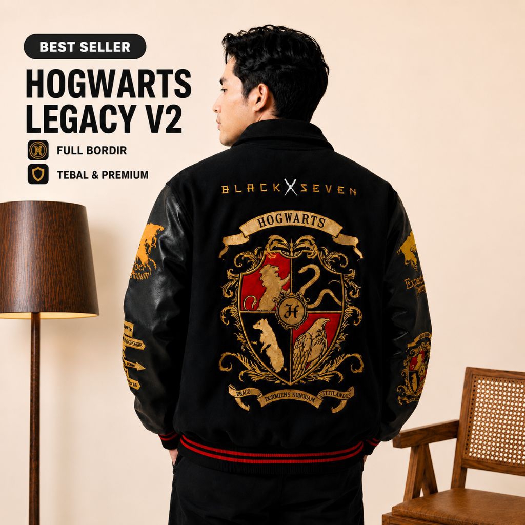 Jaket Varsity Harry Potter Hogwarts Legacy Full Bordir Premium Unisex Baseball Jacket Black Gold