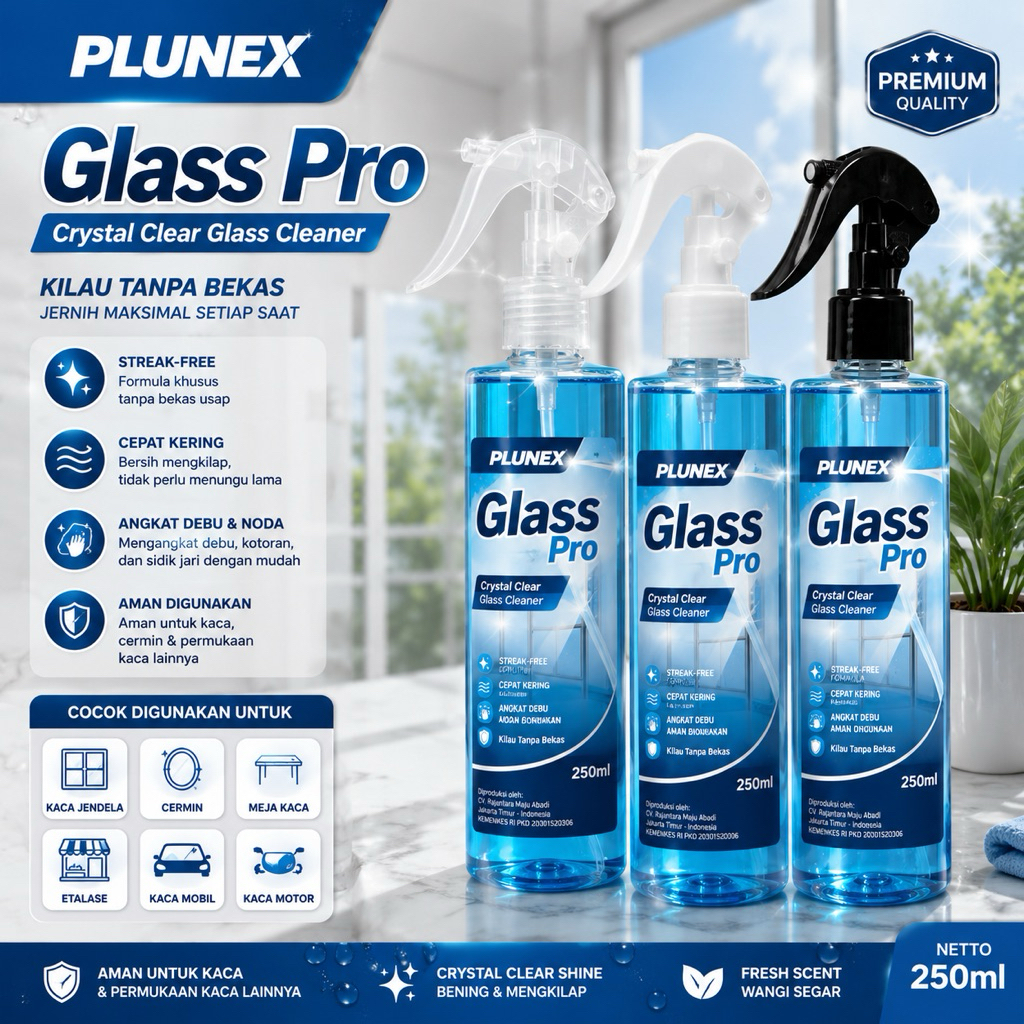 PLUNEX Glass Pro Pembersih Kaca Spray 250ml | Glass Cleaner Cermin, Jendela, Etalase & Kaca Mobil Ta