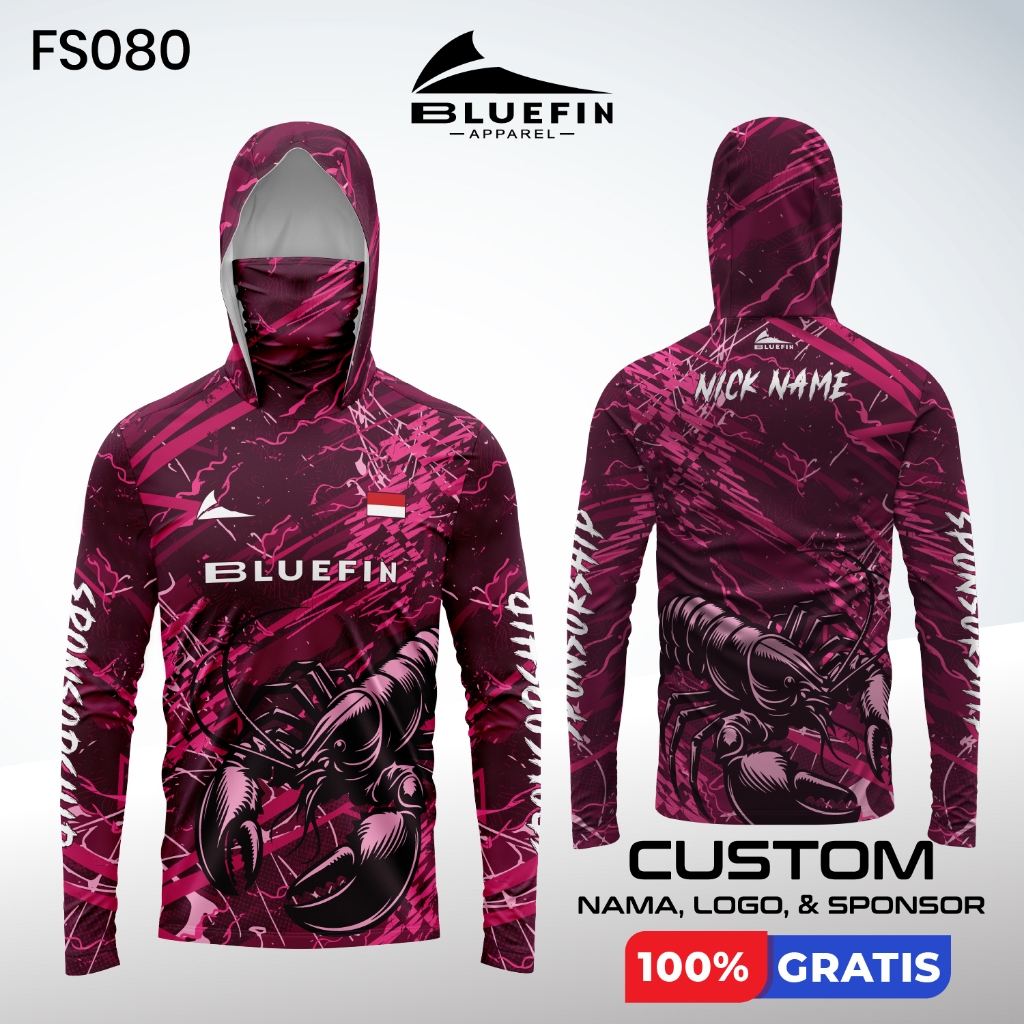 Baju Jersey Udang kaos Mancing Lobster Dengan Fitur Masker dan Hoodie Bisa Custom Nama Logo Sponsor 