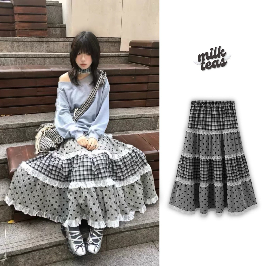 MILKTEAS Rok Panjang Flowy Plaid Motif Renda Hitam Putih Rok Tingkat Layer Long Skirt Coquette Korea