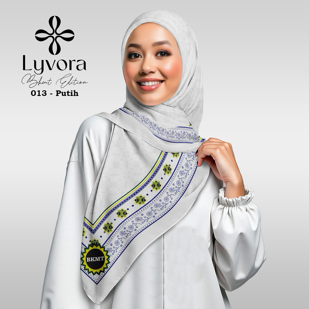 Jilbab BKMT - 013 Putih  - Hijab Voal Premium Lyvora – Segi Empat Adem, Laser Cut, Zipper Bag