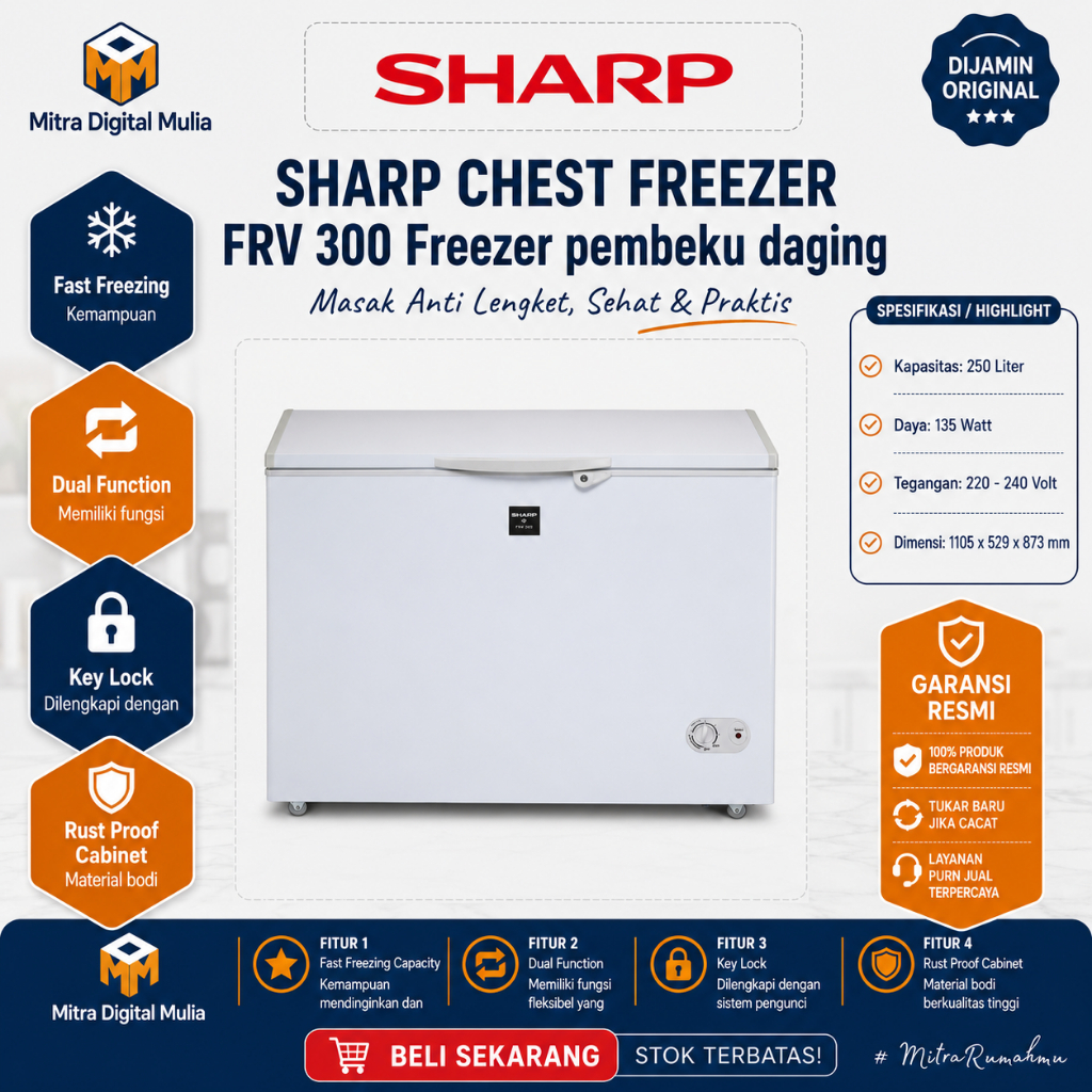 Sharp FRV300 Chest Freezer 300L Fast Freezing Capacity Compatible Function for Refrigerator and Free